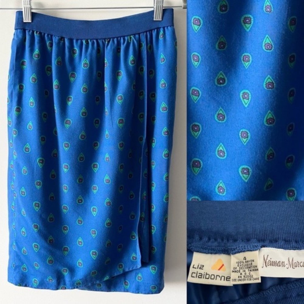 Vintage 90s Neiman Marcus Liz Claiborne Faux Wrap Skirt Blue Size 4 Retro K